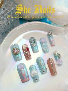 10pcs Glossy Y2K French Western Ocean Nail Art, Pink Nails, Red Nails, Light Blue Nails, Shiny Nails, 3D Handmade Starfish & Shell Decor, 3D Hand-Painted Wavy 3D Colorful Carved Rectangle Acrylic Nails, Perfect For Bikini Beach Matching. - 彩色 - 查看 1