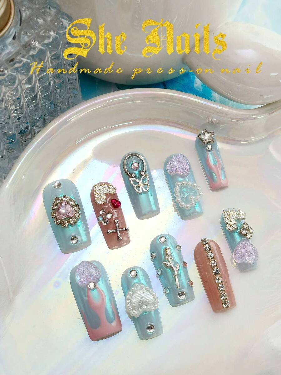 10pcs Glossy Y2K French Western Ocean Nail Art, Pink Nails, Red Nails, Light Blue Nails, Shiny Nails, 3D Handmade Starfish & Shell Decor, 3D Hand-Painted Wavy 3D Colorful Carved Rectangle Acrylic Nails, Perfect For Bikini Beach Matching. - 彩色 - 查看 1
