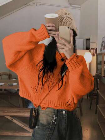 女式休闲街头风格宽松破洞毛衣