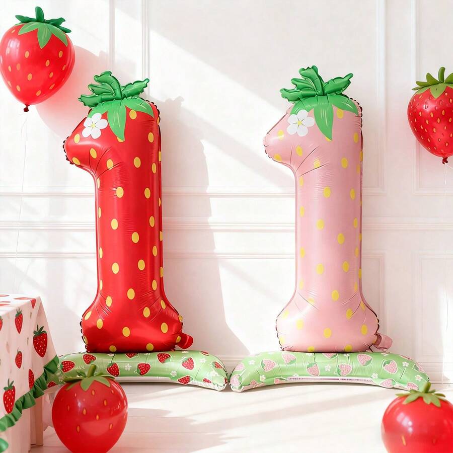 2 个 42 英寸草莓数字 1 气球，草莓生日派对装饰，浆果女孩一周岁生日装饰草莓 1 岁生日气球，适合 1 岁浆果主题生日派对装饰婴儿送礼会装饰