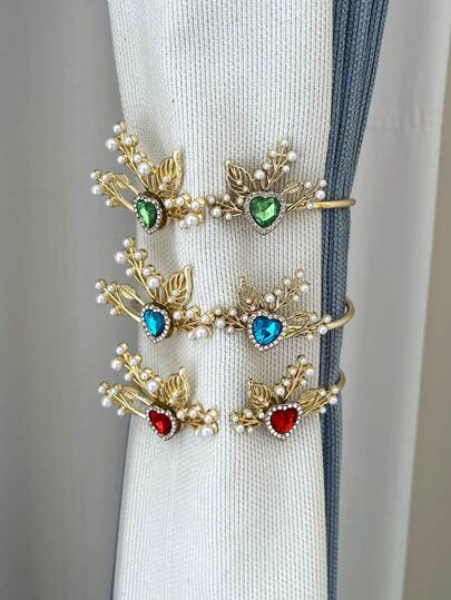 1PC Alloy Curtain Tieback With Faux Pearl & Gemstone Inlay, Decorative Window Holdback For Bedroom, Elegant Curtain Organizer
