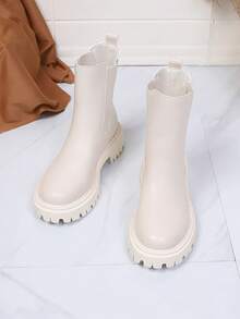 1 Paio di Stivaletti Chelsea in PU bianchi e morbidi, comodi, per ragazze adolescenti, punta tonda con suola spessa 4,5 cm, design elasticizzato, slip-on, stivaletti alla caviglia alla moda, adatti per casual, vacanze, feste, autunno/inverno - Bianco - Visualizzare 2