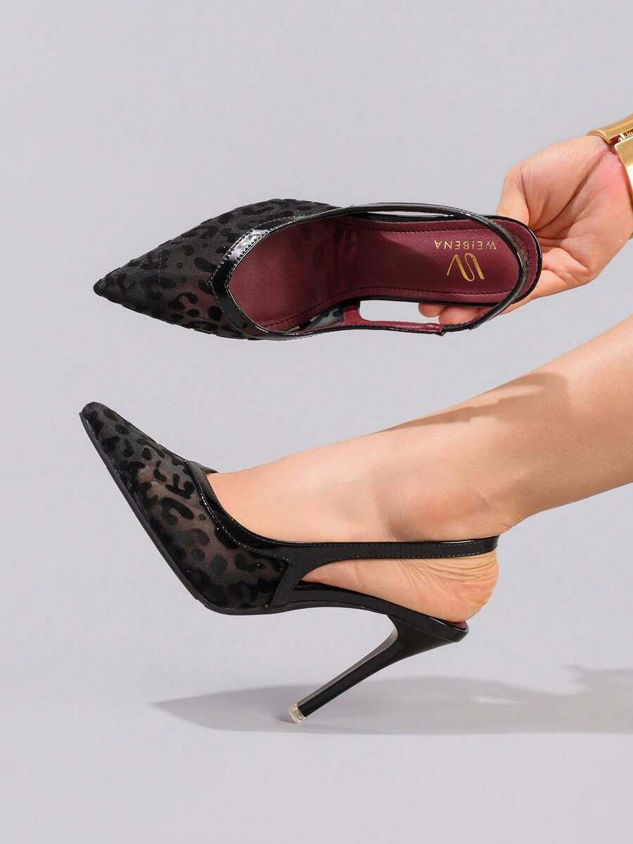 Leopard Print Lace Patchwork High Heel Shoes, Sexy Pointed Toe Backstrap Fashion Super High Heel Sandals For Party, Banquet, Event