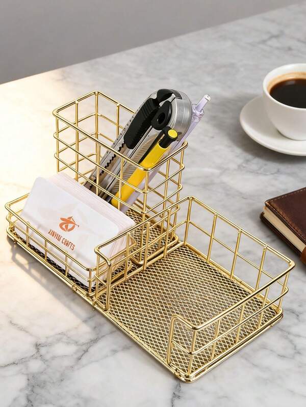 1 Peça/Bandeja Organizadora de Mesa Metálica Dourada Estética, Suporte de Armazenamento de Mesa de Escritório com Vários Compartimentos para Canetas, Pincéis de Maquiagem, Acessórios de Mesa Fofos para Mulheres, Suprimentos de Escritório Escolar Doméstico (Dourado/Rosê)