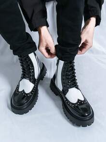 Chelsea Boots Men High-Top Leather Shoes Korean Version British Short Boots Hairstylist Leather Boots Black White Motorcycle Boots Business Formal Shoes Men's Fashion Leather Shoes British Pointed Toe Plus Size Groom Oxford Shoes Luxury Designer Thick Sole Boots Winter Boots Outdoor Gentleman High-Top Shoes - Black and White - View 6