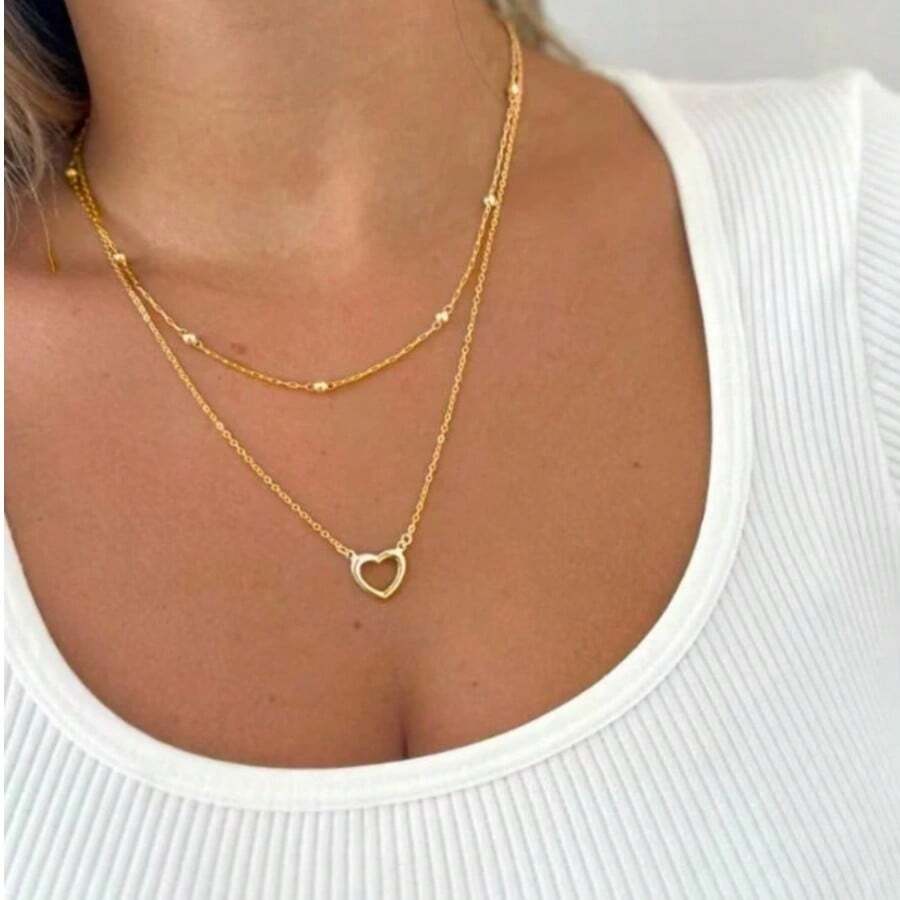 Women's Double Necklace In 925 Silver And 18k Gold Plated With Balls And Openwork Heart - Vàng - Xem 1