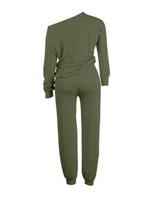 Women's Casual Solid Color One-Shoulder 2 Pieces Set, For Everyday Wear, Autumn - Army Green - View 4