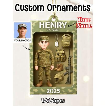 1/3/5 Stücke personalisierte Soldaten Dekoration 2025, individualisierbare militärische Acryl Memorabilien, Geschenk für Veteranen, Männer und aktiven Dienst, anpassbarer Name und Foto, Weihnachtsbaum Dekoration, Andenken oder Einsatzgeschenk, Weihnachtsdekoration, Thanksgiving Geschenk, Neujahrsgeschenk, Party Dekoration, Weihnachtsgeschenk für Freundin, Raumdekoration, Weihnachtsschmuck, Frauen Auto Zubehör