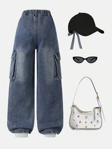 1 件女童休闲街头风格舒适日常穿着实用牛仔裤，秋冬新品 - 中等水洗藍 - 查看 2