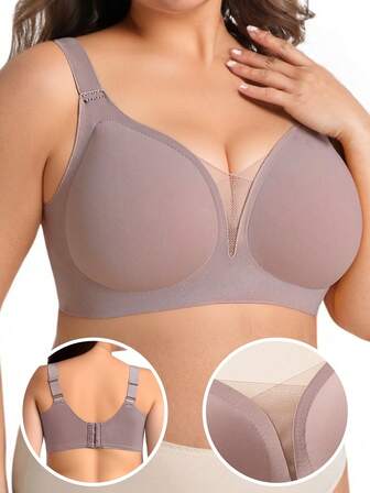 加大码柔软支撑无钢圈文胸，无缝蕾丝拼接文胸，露背提升丰胸