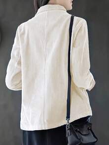 女士复古风蓝色竖条纹软绒宽松秋季西装外套单排扣，版型宽松，修身休闲百搭请买小一码 - 杏色 - 查看 5