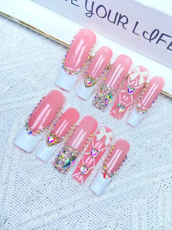 10 sztuk Y2K French Press On Nails, pełne pokrycie, sztuczne paznokcie, ręcznie robione, prasowane paznokcie z trójwymiarowymi, błyszczącymi kryształkami, cekinami, ręcznie robiony kwiatowy wzór, idealne na wesela, imprezy, walentynki, urodziny, prezenty świąteczne, idealnie dopasowane, wielokrotnego użytku zdobienia paznokci, 1 szt. żel żelowy/1 szt. mini paski polerskie, odpinany zestaw prasowanych paznokci, odpowiednie dla kobiet i dziewcząt na imprezy świąteczne i do codziennego użytku, produkty do paznokci