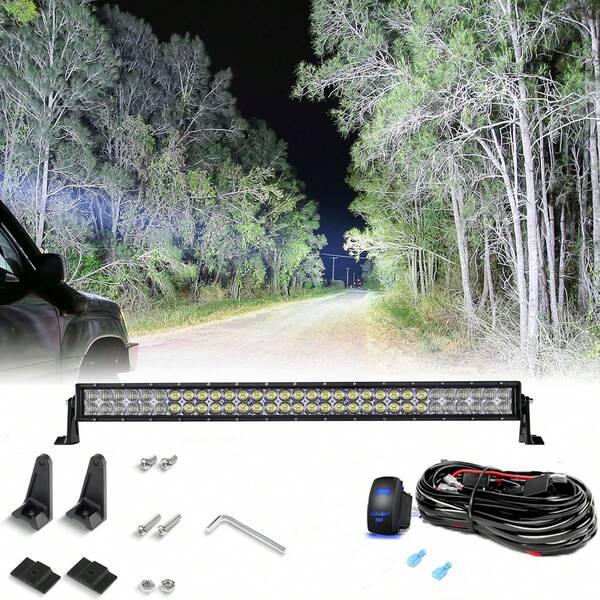 Barra de luz para projetor 5D de 32 polegadas com duas fileiras, feixe combinado, carcaça de liga de alumínio espessa, com chicote de fios para interruptor basculante azul, feixe misto superbrilhante