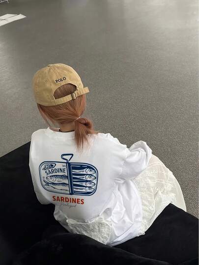 Women's Loose Fit Sardine Can Letter Print Cotton Long Sleeve T-Shirt, Versatile For Spring And Autumn