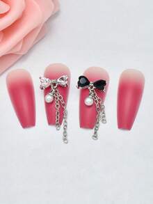 5 Pcs Bow Pearl Chains Nail ArtCharms, Luxury Heart Rhinestone &Bow Pearl Pendant Nail CharmsJapanese & Korean Style Nail Decorations, Nail Art Supplies