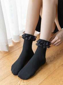 Ruffle Trim Crew Socks - màu đen - Xem 6