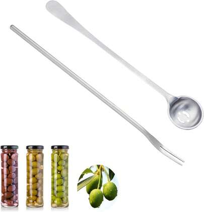 2 PCS Olive Spoon And Pickle Fork, 7.5 Inch Olive Spoons With Holes, 8.6 Inch Pickle Forks For The Jar, Stainless Steel Long Handle  Picker For Pickle, Asanta Jars Serving Spoon And Fork Set