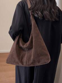 New Versatile Retro Bag For Women, Suede Miramar Style Simple Hobo Bag, Large Capacity Commuter Casual Shoulder Bag - Coffee Brown - View 3