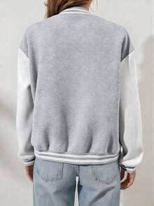 1件宽松时尚户外运动休闲抓绒棒球外套，适合青少年女孩秋冬季穿着 - 灰色 - 查看 2