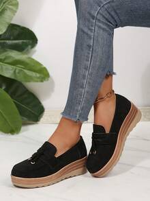 1pc Women's Slip-On Loafers, Thick Sole Retro Casual Shoes, Solid Color, Suitable For Spring/Autumn, Home & Outdoor - Black - View 5