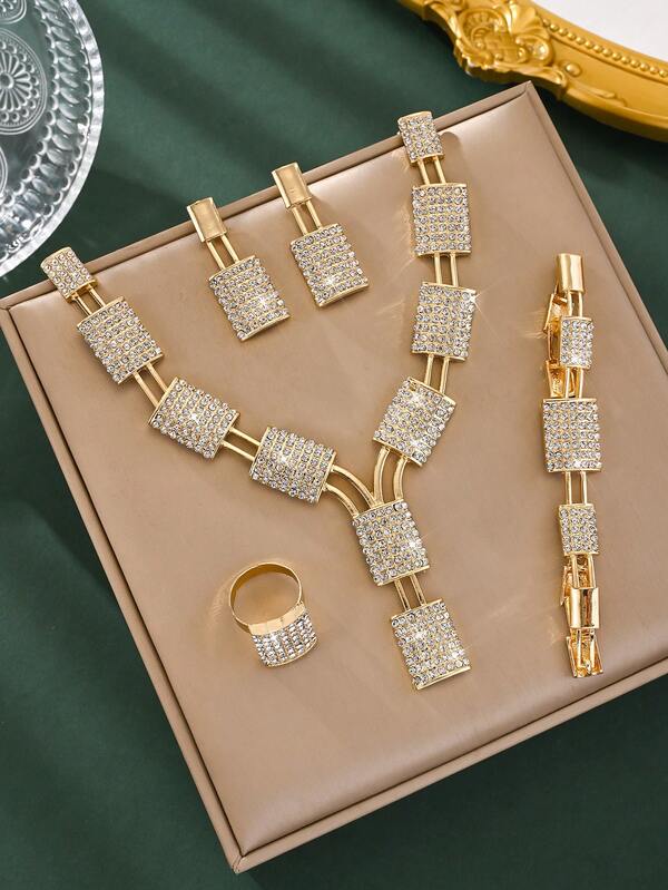5 قطع/مجموعة مجموعة مجوهرات حفلة بسيطة، تشمل قلادة ذات لونين مخيطة، سوار، خاتم، أقراط للنساء