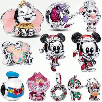 Disney 1 Mickey Head Silver Plated Heart-Shaped Pendant, Suitable For Bracelets, Necklaces, DIY Jewelry Gifts