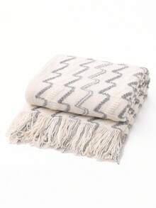 Cozy Knit Throw Blanket With Tassels - Soft, Lightweight & Warm - Perfect For Couch, Bed, And Travel - Farmhouse Style In Khaki & Cream - AB Yarn Beige - View 5