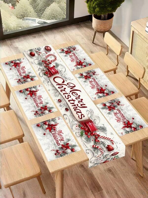 7 قطع طقم سفرة عيد الميلاد المجيد أبيض مع طباعة نمط فرع صنوبر، طقم سفرة علم وبساط المائدة، ديكور مائدة عيد الميلاد، مناسب للديكور المنزلي والحفلات والأعراس والتجمعات والهدايا