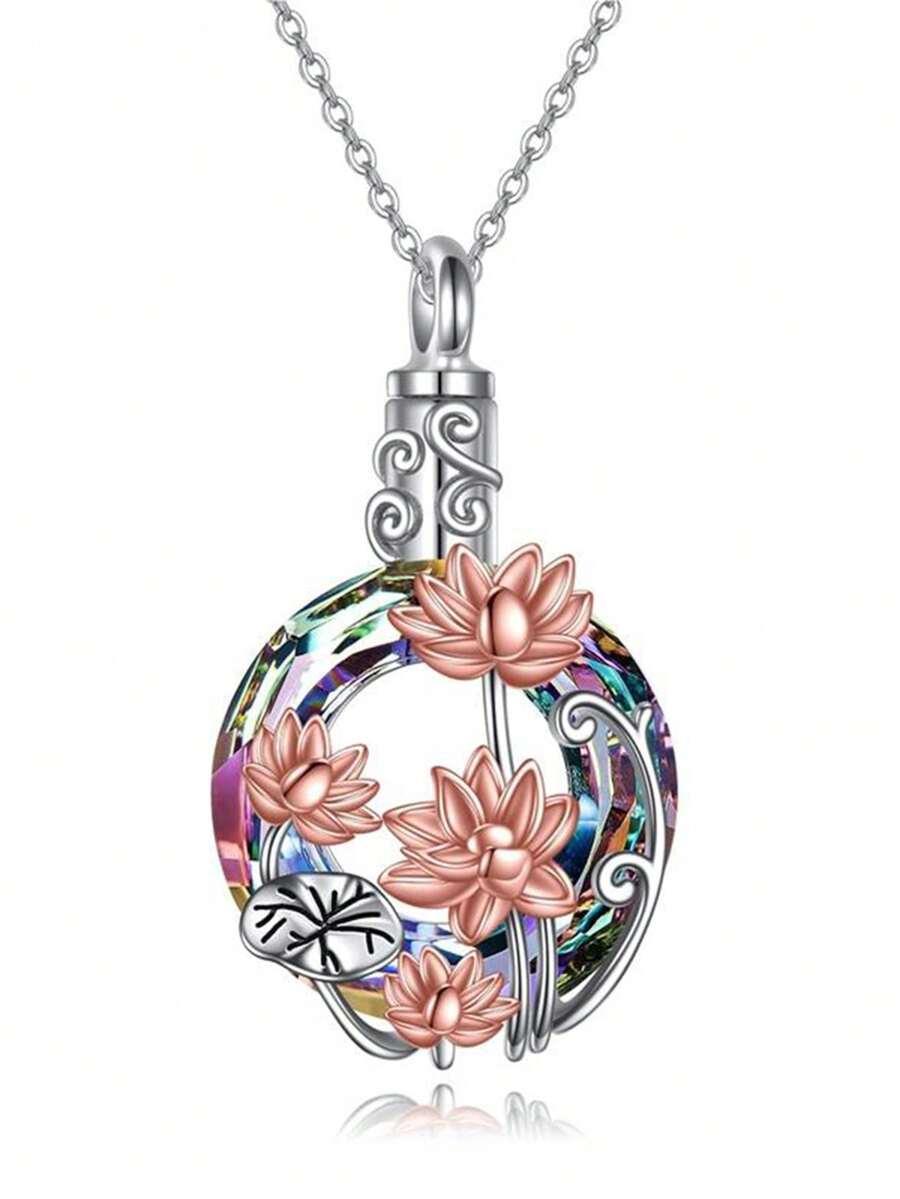 1pc Colorful Circle, Lotus Flower & Leaf Element Cremation Urn Pendant Necklace For Women, Casual Jewelry Suitable For Daily Wear, Comes With Brand Box