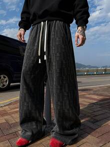 1 件男士宽松阔腿纯色休闲裤，适合所有季节的日常穿着 - 黑色 - 查看 10