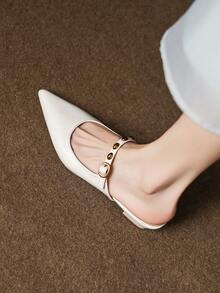 Women's Pointed Toe Slip-On Mules, Chunky Heel, Faux Leather, Metallic Accent, Retro Fashion, Suitable For Office & Outdoor, Autumn - White - View 4