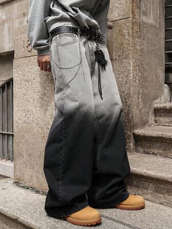 男士四季水洗渐变直筒牛仔裤，长款百搭 Y2K 街头风格牛仔裤，适合送给男朋友/丈夫的礼物