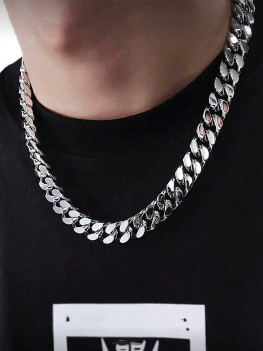 Thick Men's Cuban Link Chain Necklace - Silver - View 1