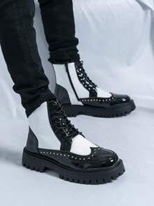 Chelsea Boots Men High-Top Leather Shoes Korean Version British Short Boots Hairstylist Leather Boots Black White Motorcycle Boots Business Formal Shoes Men's Fashion Leather Shoes British Pointed Toe Plus Size Groom Oxford Shoes Luxury Designer Thick Sole Boots Winter Boots Outdoor Gentleman High-Top Shoes - Black and White - View 3