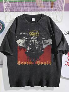 Camiseta lavada para hombre con diseño gráfico de fiesta y festival, con calavera y oso divididos, fuente "Happiness" y cita inspiradora. Cómoda camiseta de manga corta de algodón suave para celebraciones de primavera y verano. Perfecta para reuniones navideñas y salidas informales. Una prenda con un toque artístico y audaz. - Negro 04 - Ver 1