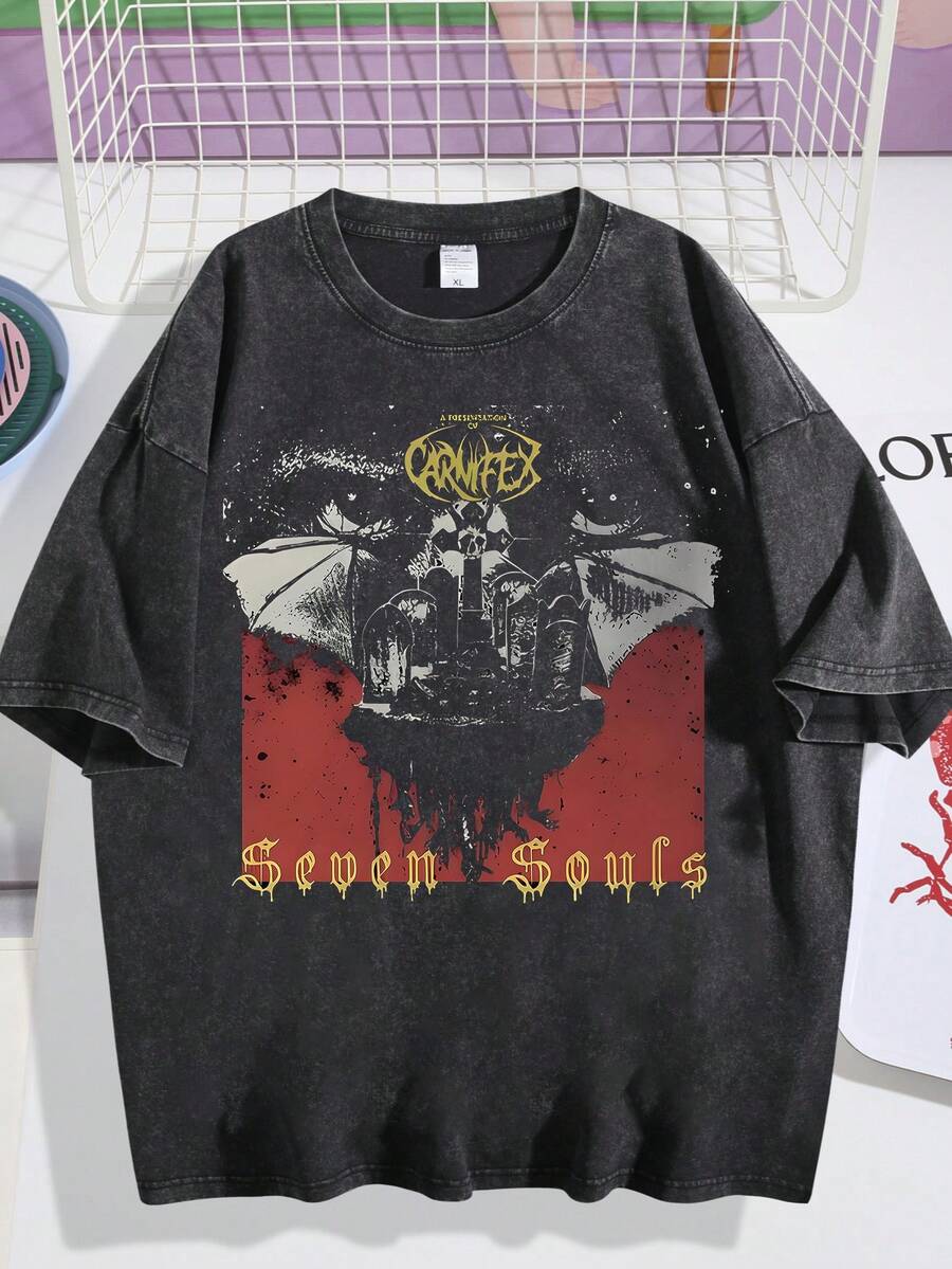 Camiseta lavada para hombre con diseño gráfico de fiesta y festival, con calavera y oso divididos, fuente "Happiness" y cita inspiradora. Cómoda camiseta de manga corta de algodón suave para celebraciones de primavera y verano. Perfecta para reuniones navideñas y salidas informales. Una prenda con un toque artístico y audaz. - Negro 04 - Ver 1