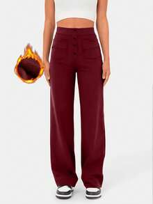 Women's High Waist Casual Sports Solid Color Button Pockets Straight Leg Pants - Burgundy - View 3