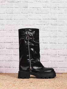 Women's Thick Sole Round Toe Black Zipper Fashion Mid-Calf Casual Boots - Black - View 4