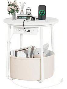 Mesa auxiliar con estación de carga, mesa de noche con cesta de almacenamiento, mesa pequeña para sala de estar o dormitorio, adecuada para espacios pequeños, 45 x 45 x 49 cm - 1 - Ver 3