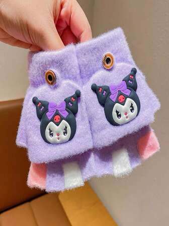 Sanrio 1pc Sanrio Kuromi Fingerless Gloves, Warm Half Finger Outdoor Cycling Gloves, Flip-Top Windproof Gloves, Ideal Winter Gift For Family And Friends Christmas Gift Thermal Warm Winter