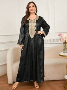DEARCASE Gaun Gaya Arab Elegan Lengan Lebar Warna Metalik untuk Wanita Ukuran Besar - Hitam - View 6