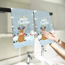 2PCS Christmas Kitchen Towels Reindeer Snowman Christmas Tree Stars Snowflakes Fingertip Towel, Contemporary Style, Highly Absorbent, Fine Workmanship, Suitable For, Hotel, Travel, Outdoor, Winter Decor Gift