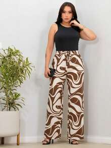 DUNA Fabric Pants With Lining, Pocket And Elastic Waist - 巧克力色/淺米色波浪 - 查看 1