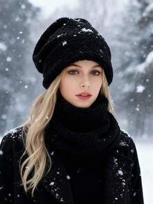 2pcs Solid Color Hat And Scarf Set - Fleece Lined, Warm, Polyester Soft Material, Suitable For Daily Wear, Outdoor Cycling, Cold Weather Accessories For Winter