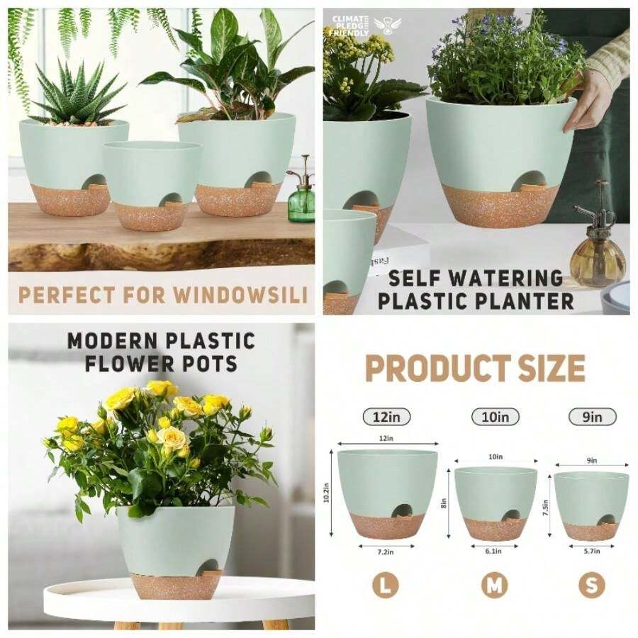 - Macetas grandes de 12 pulgadas, 10 pulgadas, 9 pulgadas, paquete de 3 macetas con mltiples agujeros de drenaje de malla para plantas y flores de jardn de interiores y exteriores. - Verde + 12+10+9 pulgadas - Ver 1