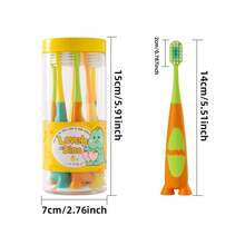 6 件儿童牙刷带吸盘和可爱动物设计，恐龙形状 - 柔软刷毛，健康牙龈 - 防滑牙刷，适合 3 岁以上男孩和女孩