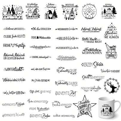 24张UV转印贴纸，德语圣诞节庆祝语言，圣诞麋鹿圣诞小屋塑料贴纸，适用于16盎司玻璃杯，高品质DIY工艺品套装，适用于水杯、饮具、杯子、瓶子、笔记本电脑、家居装饰、圣诞节可移除墙贴、节日装饰配件、节日图案设计