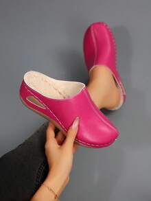 Plus Size Women's Autumn/Winter Thick Sole Slip-On Mule Slippers, Comfortable Thermal Lined, Closed Toe, Fashion Minimalist Design, Suitable For Casual Wear