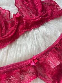 Sexy Lace Lingerie Set Without Pads Lined - Hot Pink - View 2