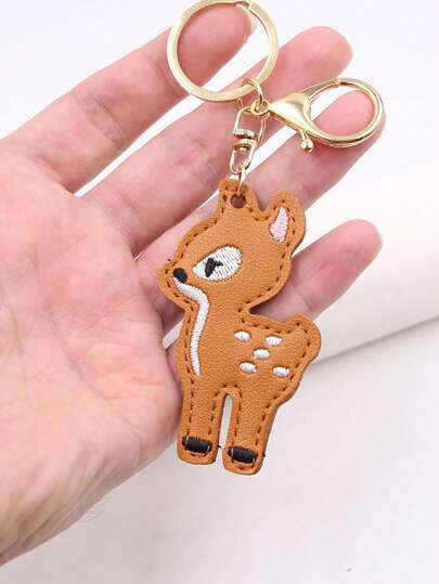 1 pièce Porte-clés en cuir à double face brodé avec motif de cerf, convient comme cadeau pour les camarades de classe, les amis, la famille, la Saint-Valentin, l'anniversaire, la décoration de fête, idéal comme accessoire de sac de Noël, accessoire de voiture, idée de cadeau pour sœur et enseignant